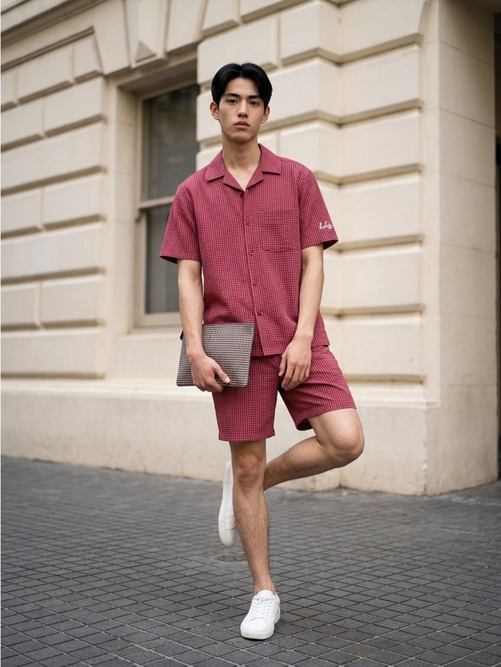 BDG Men's Short-Sleeve Button-Up Shirt in Deep Red Gingham